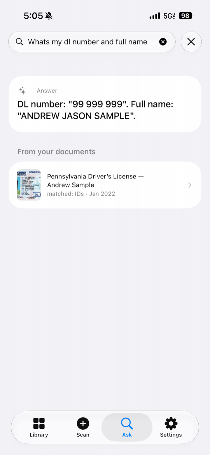 Paperlock's Ask screen answering a question with the source document attached