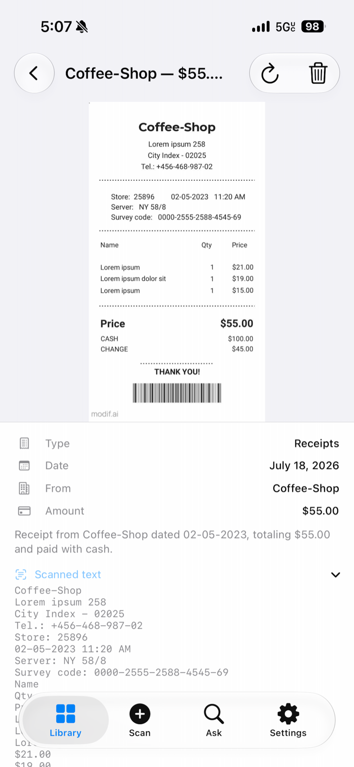 A receipt in Paperlock with type, date, store and amount extracted onto a tidy card, plus the scanned text