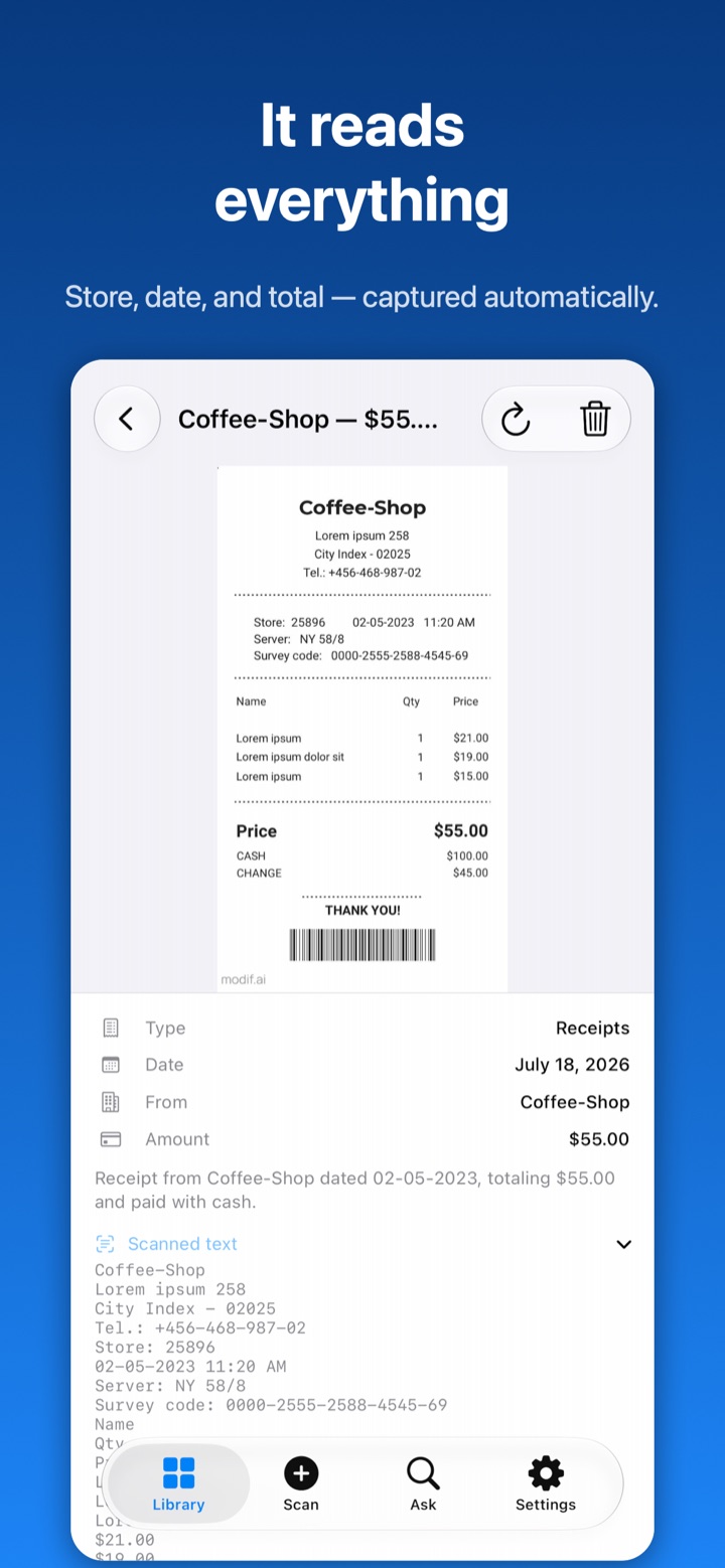 A receipt in Paperlock with type, date, store and amount captured automatically