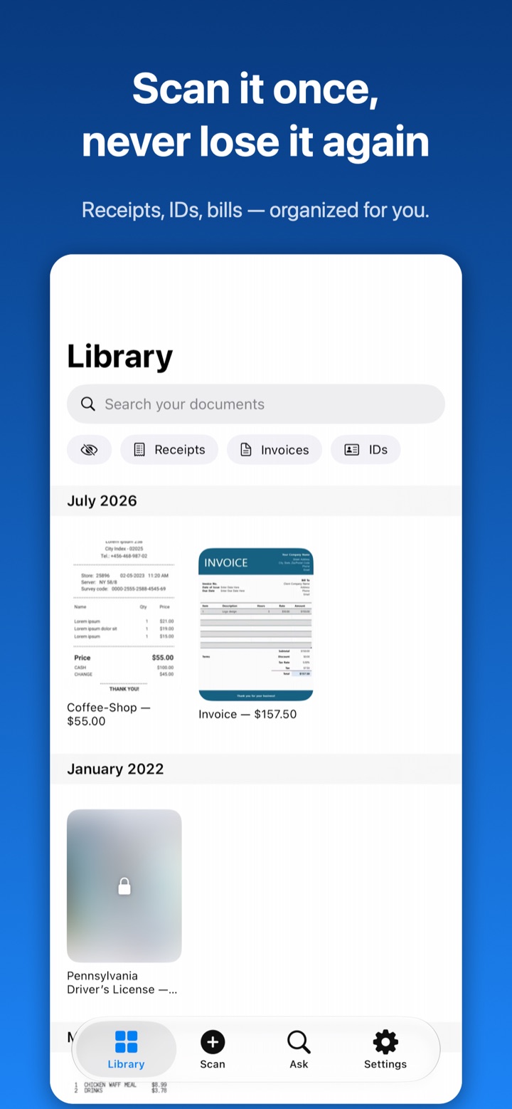 Paperlock Library screen — documents organized by month with filter chips for receipts, invoices and IDs